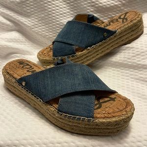 SAM EDELMAN Natty Criss Cross Denim Espadrille Platform Sandal Blue Size 6 1/2